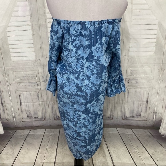Ruby Rd Size PM Petite Medium Blue Shift Dress Floral 3/4 Sleeve Off Shoulder - Picture 5 of 8